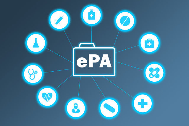 die Abkürzung ePA steht in einer digitalen Mappe und im Kreis darum sind verschiedene Symbole zum Thema Gesundheit abgebildet (verweist auf: Die elektronische Patientenakte (ePA))