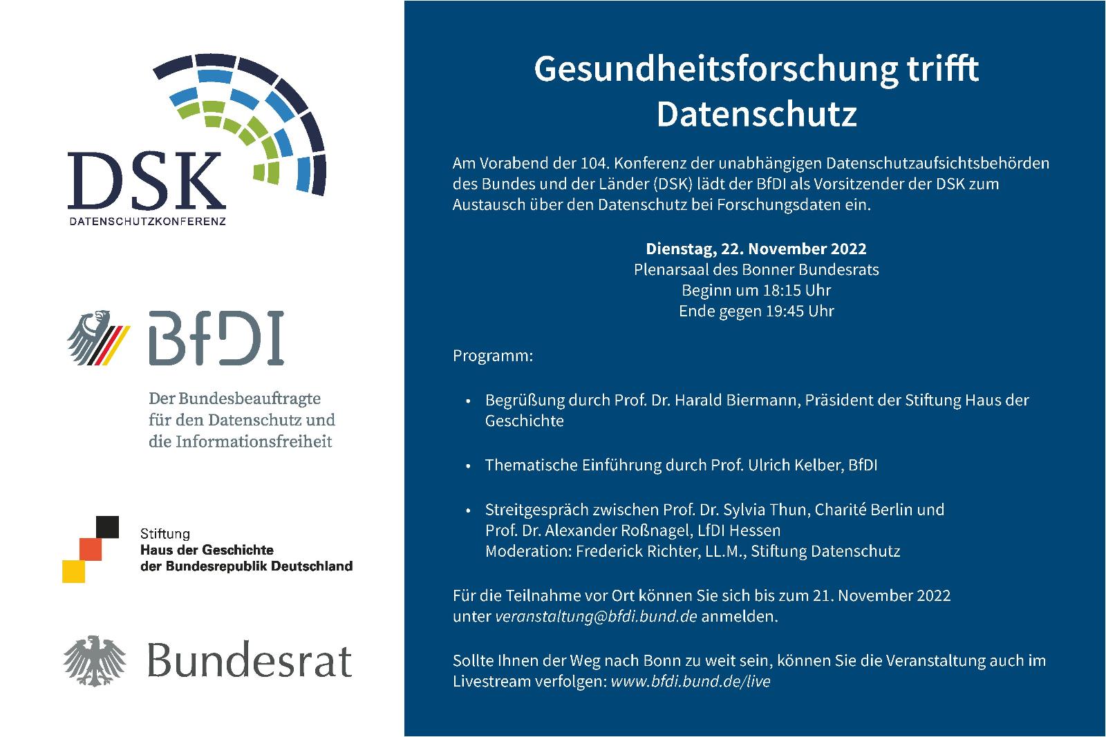 Einladungskarte zu "Gesundheitsforschung trifft Datenschutz" (Quelle: BfDI) Einladungskarte zu "Gesundheitsforschung trifft Datenschutz"