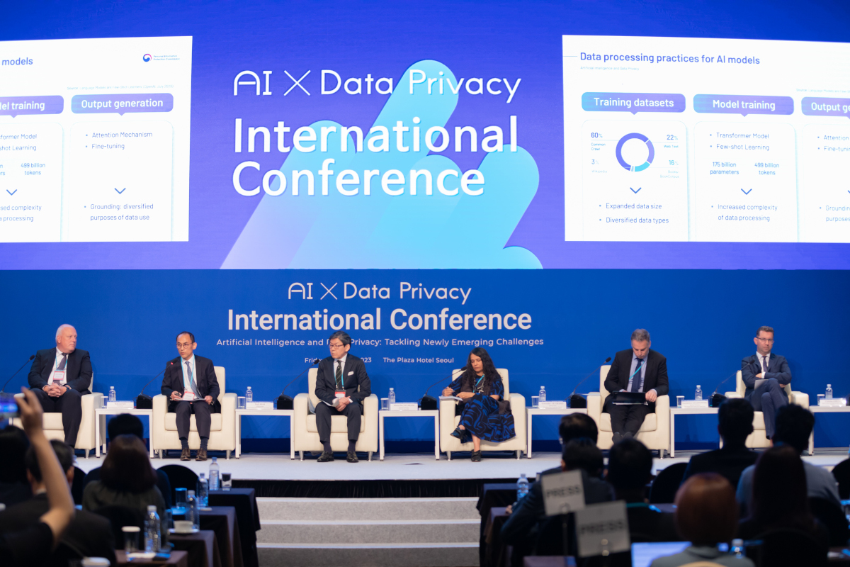 Podium der Konferenz „Künstliche Intelligenz und Datenschutz: Bewältigung neu entstehender Herausforderungen" in Seoul (Quelle: PIPC, Korea) Podium der Konferenz „Künstliche Intelligenz und Datenschutz: Bewältigung neu entstehender Herausforderungen" in Seoul