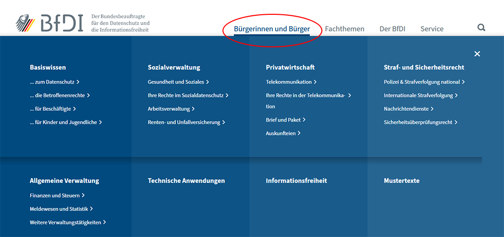 Screenshot der Hompage zum Bereich "Bürgerinnen und Bürger" (Quelle: BfDI) Screenshot der Hompage zum Bereich "Bürgerinnen und Bürger"