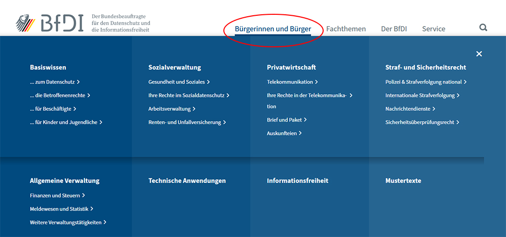 Screenshot der Hompage zum Bereich "Bürgerinnen und Bürger"