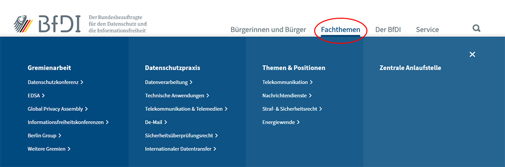 Screenshot der Hompage zum Bereich "Fachthemen" (Quelle: BfDI) Screenshot der Hompage zum Bereich "Fachthemen"