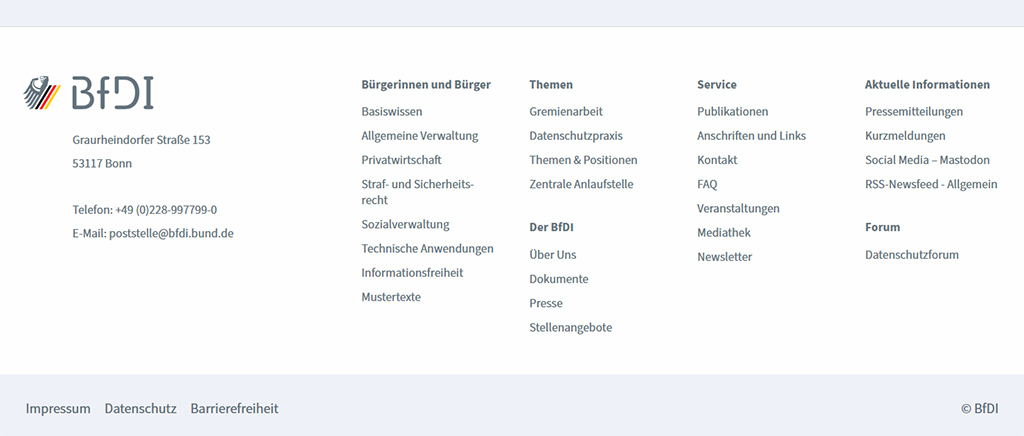 Screenshot der Footers der Homepage (Quelle: BfDI) Screenshot der Footers der Homepage