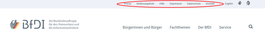 Screenshot der Webseite mit Herausstellung des Headers (Quelle: BfDI) Screenshot der Webseite mit Herausstellung des Headers