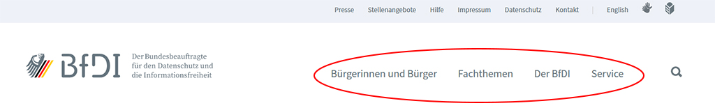 Screenshot des Menüs auf der Hompage (Quelle: BfDI) Screenshot des Menüs auf der Hompage
