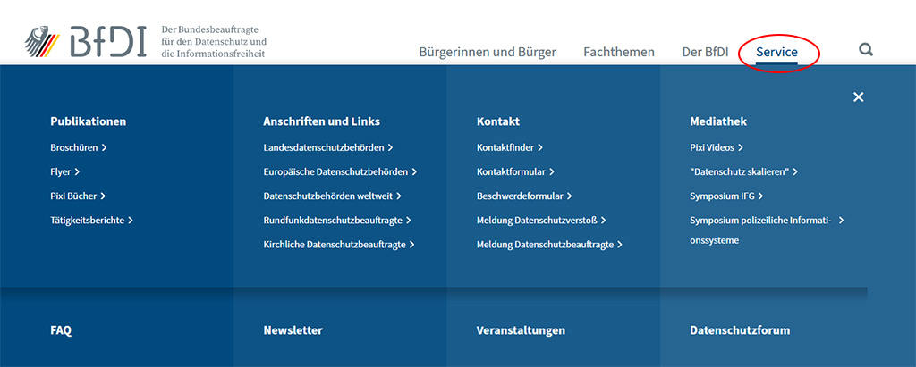 Screenshot der Hompage mit Herausstellung des Bereichs "Service" (Quelle: BfDI) Screenshot der Hompage mit Herausstellung des Bereichs "Service"