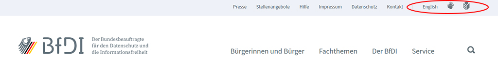 Screenshot der Hompage zur Sprachauswahl (Quelle: BfDI) Screenshot der Hompage zur Sprachauswahl