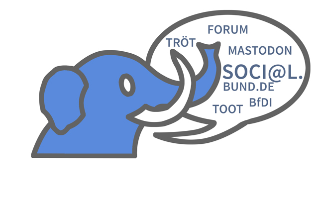 es ist ein Elefant mit einer Sprechblase, in der social Media Worte stehen, abgebildet
