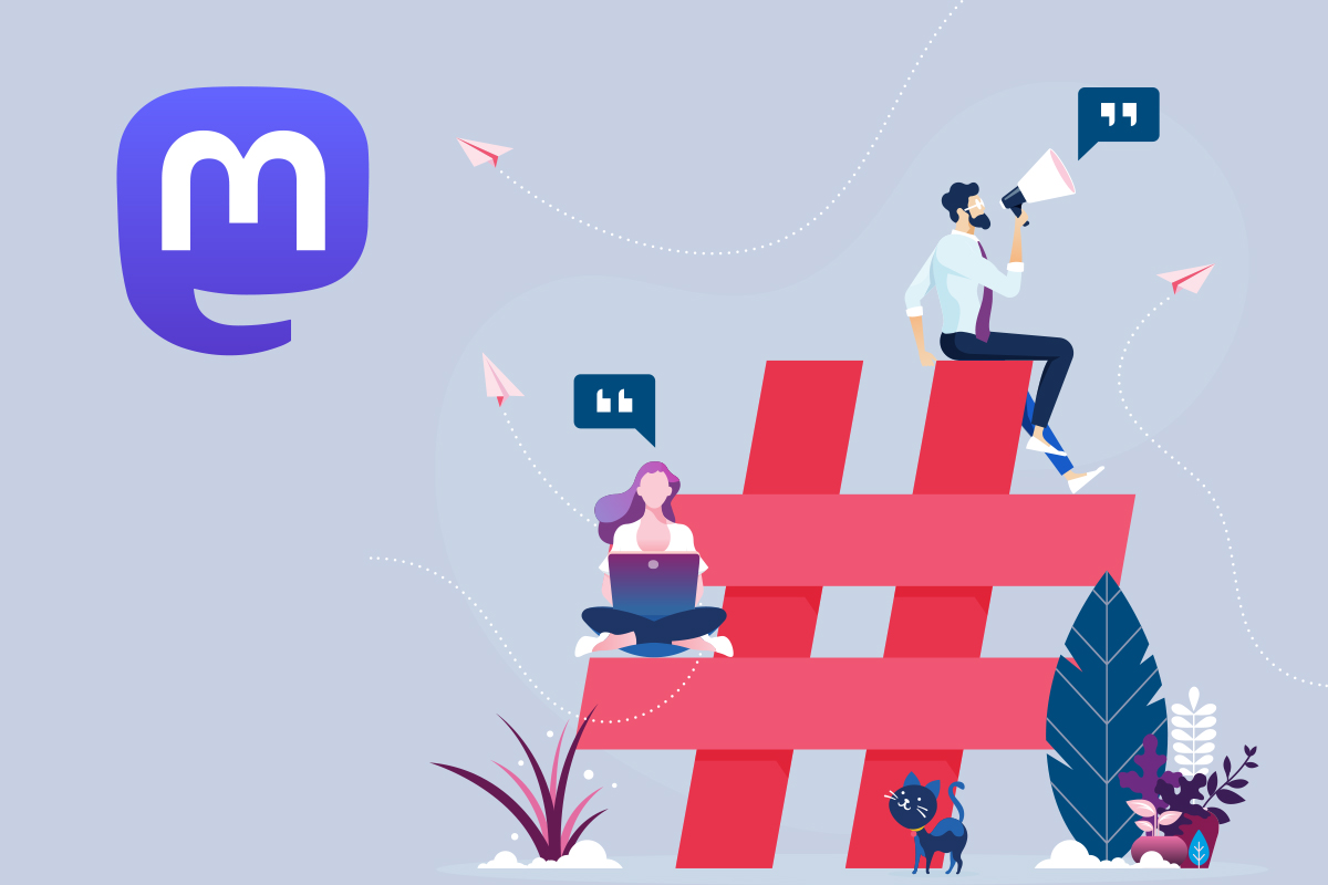 verweist auf: Social Media – Mastodon (Quelle: Adobe Stock/Mastodon/BfDI) Grafik mit großem Hashtag und Mastodon-Logo