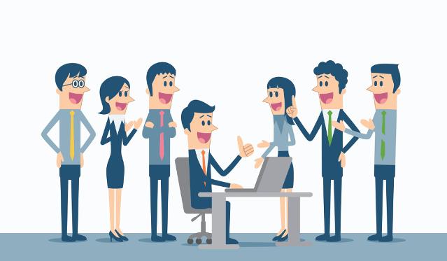 Personen Karikatur - 6 Personen stehend und 1 Person mittig sitzend vor Laptop (Quelle: yuoak via Getty Images ) Personen Karikatur - 6 Personen stehend und 1 Person mittig sitzend vor Laptop