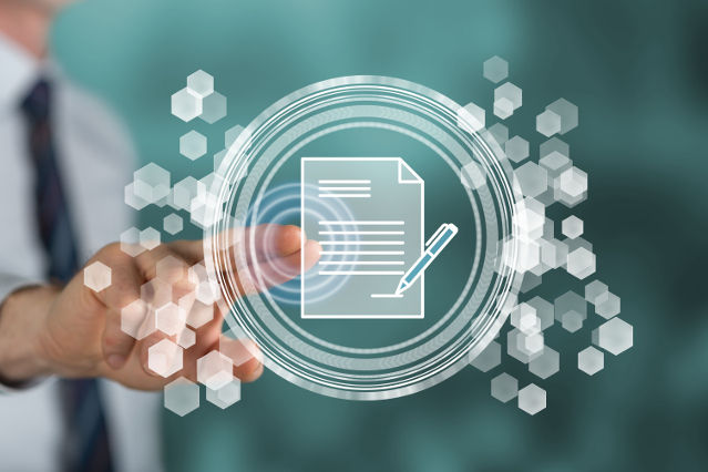 ein digitales Dokument ist in mehreren Kreisen dargestellt und wird von einer Hand aus dem Hintergrund angetippt (Quelle: ©thodonal - stock.adobe.com) ein digitales Dokument ist in mehreren Kreisen dargestellt und wird von einer Hand aus dem Hintergrund angetippt