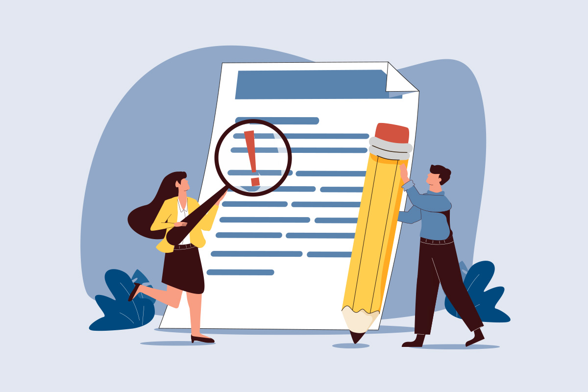 Symbolische Grafik in der zwei Personen eine Fehler in einem Dokument berichtigen (Quelle: Adobe Stock/BfDI-DH) Symbolische Grafik in der zwei Personen eine Fehler in einem Dokument berichtigen