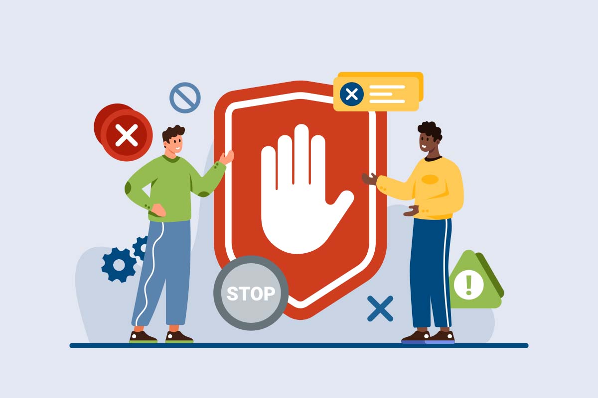 Grafik mit zwei Personen die auf ein Stopp-Symbol zeigen (Quelle: Adobe Stock/BfDI-DH) Grafik mit zwei Personen die auf ein Stopp-Symbol zeigen