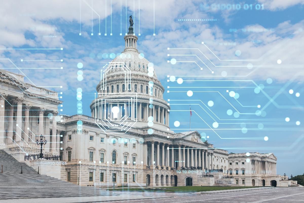 Capitol in Washington mit digitalen Netzverbindungen und einem digitalen Schloss (Quelle: ©VideoFlow - Adobe Stock) Capitol in Washington mit digitalen Netzverbindungen und einem digitalen Schloss