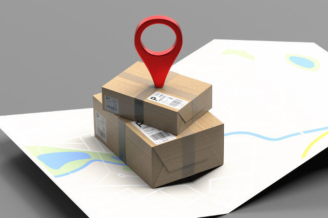 Landkarte mit einem Paket sowie einem Standortsymbol darauf (verweist auf: Nachsendeverfahren am Beispiel der Deutschen Post AG)
