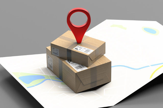Landkarte mit einem Paket und Standortsymbol (Quelle: ©Rawf8 - stock.adobe.com) Landkarte mit einem Paket und Standortsymbol