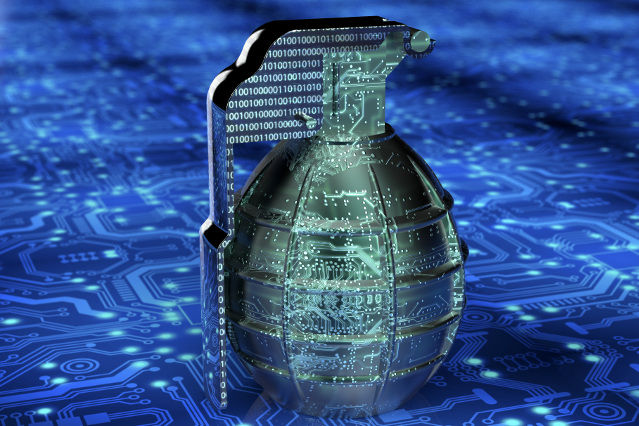 verweist auf: Antiterrordatei (Quelle: ©3d illustration - stock.adobe.com) digitale Handgranate steht auf einer Leiterplatte (verweist auf: Antiterrordatei)
