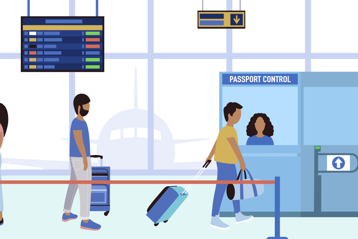 Graphik mit Reisenden vor dem Schalter einer Passkontrolle am Flughafen (Quelle: ©Maria - stock.adobe.com) Graphik mit Reisenden vor dem Schalter einer Passkontrolle am Flughafen