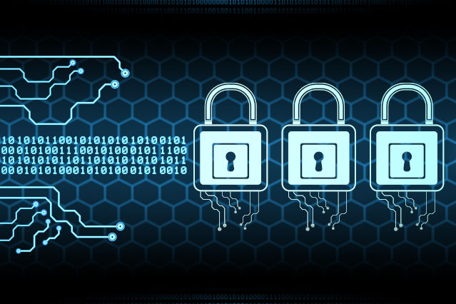 3 leuchtende geschlossene Schlösser und digitale Netzwege auf dunklem Grund (Quelle: ©Danil Melekhin via Getty Images ) 3 leuchtende geschlossene Schlösser und digitale Netzwege auf dunklem Grund
