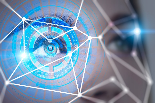 Teil eines Gesichtes und ein Auge durch Kreise und Linien als biometrische Erkennung dargestellt