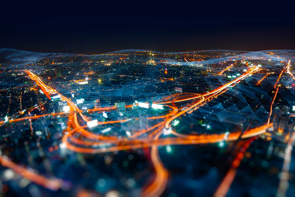 Schemenhafte Darstellung einer digital vernetzten Stadt (Source: Adobe Stock) Schemenhafte Darstellung einer digital vernetzten Stadt