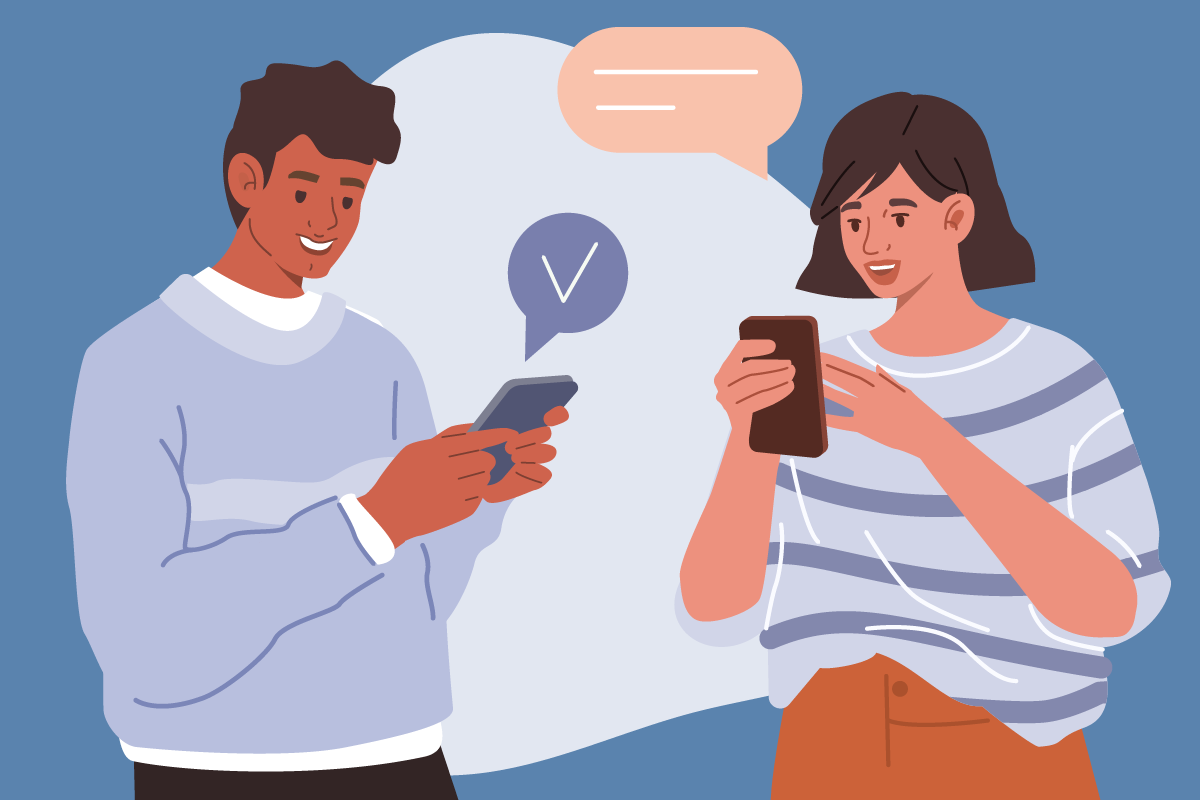 Grafik mit zwei Personen die auf dem Smartphone chatten (Quelle: Adobe Stock/BfDI) Grafik mit zwei Personen die auf dem Smartphone chatten