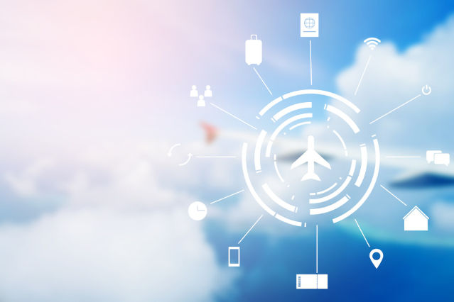 Sky with clouds and an airplane symbol in a circle and around it travel symbols are shown (Source: ©chinnarach - stock.adobe.com) Sky with clouds and an airplane symbol in a circle and around it travel symbols are shown