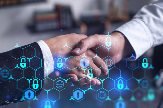 refer to: Procedures for the cooperation of data protection supervisory authorities in Germany and Europe according to the GDPR (Source: ©VideoFlow - stock.adobe.com) Shake hands and in the foreground are digital floating locks (refer to: Procedures for the cooperation of data protection supervisory authorities in Germany and Europe according to the GDPR)